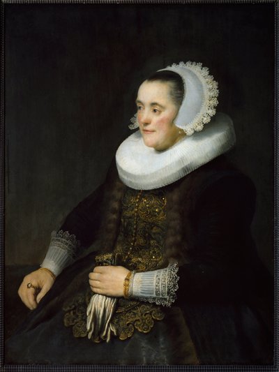 Ruff ve başlık takan Hollandalı bir burjuva kadının portresi. (Tablo by Rembrandt van Rijn