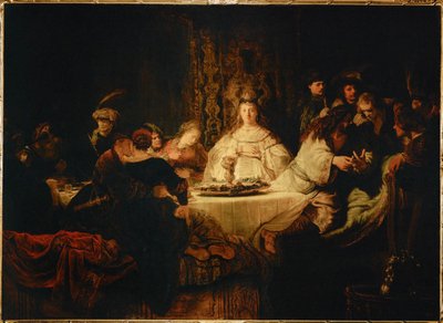 Samson düğün şöleninde bir bilmece soruyor (tuval üzerine yağlıboya) by Rembrandt Harmensz. van Rijn