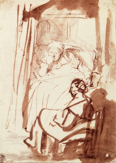Yatakta yatan Saskia, ayaklarının dibinde oturan bir kadın by Rembrandt Harmensz. van Rijn