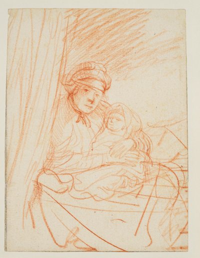 Saskia yatakta oturuyor, elinde bir çocuk, 1635 dolaylarında by Rembrandt van Rijn