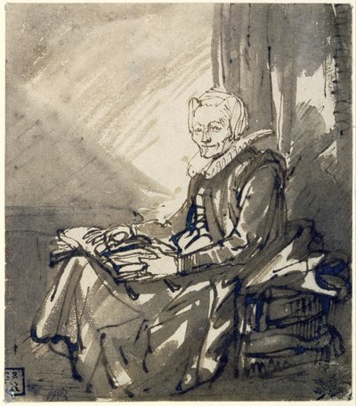 Kucağında Açık Kitapla Oturan Kadın, c.1639 (kalem, kahverengi mürekkep ve kahverengi boya) by Rembrandt Harmensz. van Rijn