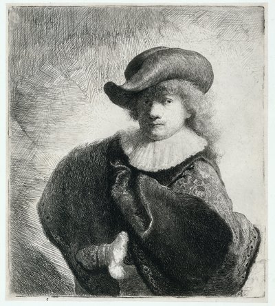 Yumuşak Şapkalı ve Desenli Pelerinli Otoportre by Rembrandt Harmensz. van Rijn