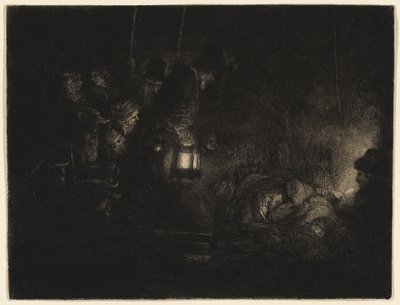 The Adoration of the Shepherds: A Night Piece, c.1657 (fildişi kaplı kağıt üzerine siyah gravür, kuru nokta ve burin) by Rembrandt Harmensz. van Rijn