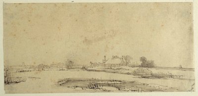 Su, çayırlar ve bir çiftlik (kağıt üzerine kalem ve mürekkep) by Rembrandt Harmensz. van Rijn