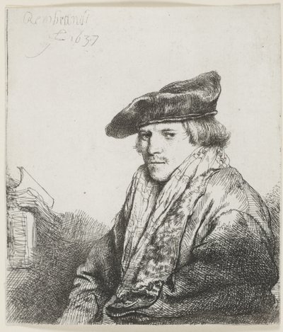 Yanında Kitaplarla Kadife Şapkalı Genç Adam by Rembrandt van Rijn