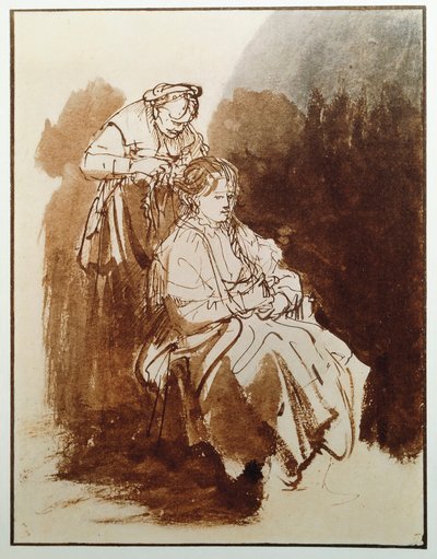 Genç kadın tuvaletinde. Yaşlı bir hizmetçinin saçı. (Mürekkep çizimi, c.1635) by Rembrandt van Rijn