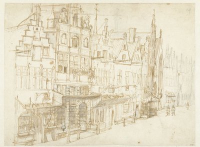 Bir şehirde bir dizi evin görünümü by Rembrandt van Rijn (school of)