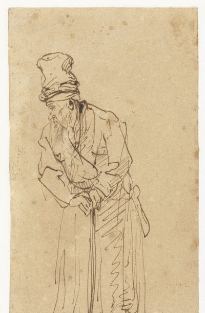 Bir sopaya yaslanmış yaşlı adam by Rembrandt van Rijn (school of)