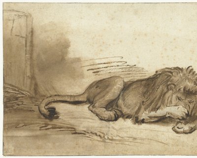 Ön Pençesini Namlusunun Üzerindeki Yaslanmış Aslan by Rembrandt van Rijn (school of)