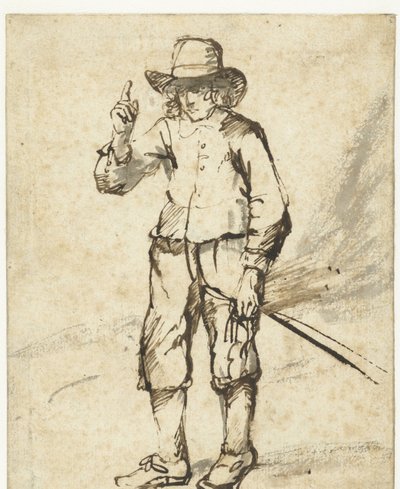 Ayakta duran ve bir kırbaç tutan ve sağ elini kaldıran çocuk by Rembrandt van Rijn (school of)
