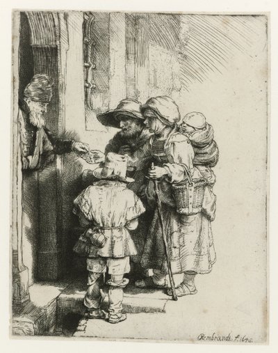 Kör Bir Hurdy-gurdy Oyuncu ve Ailesi Kör bir hurdy-gurdy oyuncusu ve aile sadaka alıyor by Rembrandt van Rijn