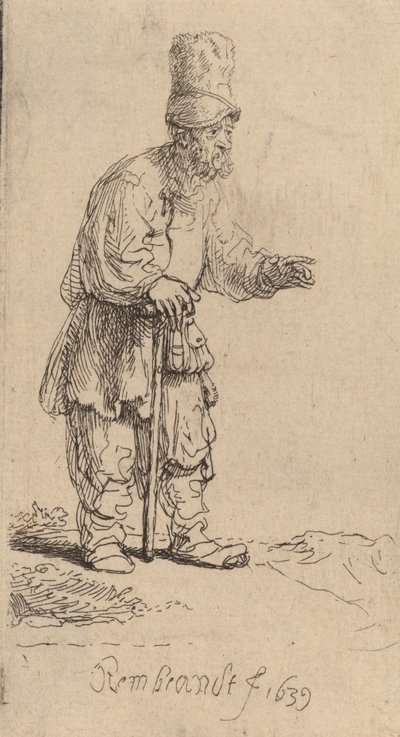 Yüksek Şapkalı, Sopaya Yaslanmış Bir Köylü, 1639. by Rembrandt van Rijn