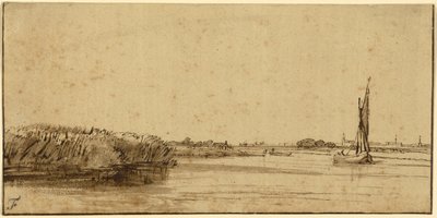 Geniş Bir Su Üzerinde Yelkenli Tekne, c.1650 (renkli kağıt üzerine kalem ve kahverengi mürekkep ve kahverengi yıkama) by Rembrandt van Rijn