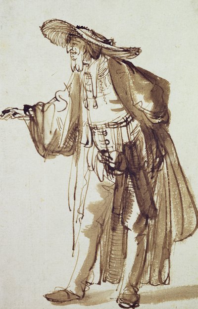 Geniş Kenarlı Şapkalı Aktör (kağıt üzerinde kalem ve mürekkep yıkama) by Rembrandt van Rijn