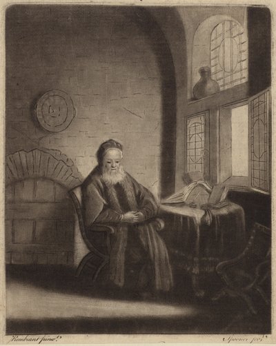 Pencerenin önündeki masada oturan yaşlı, sakallı bir filozof. by Rembrandt van Rijn