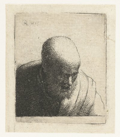 Kel adam ağzı açık, aşağı bakıyor: büstü by Rembrandt van Rijn