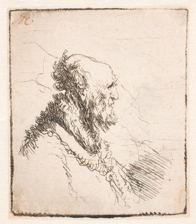 Sağ profilde kısa sakallı kel yaşlı adam by Rembrandt van Rijn
