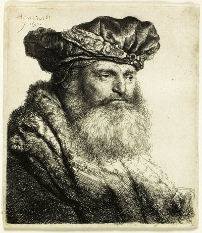 Mücevher Tokalı Kadife Şapkalı Sakallı Adam by Rembrandt van Rijn