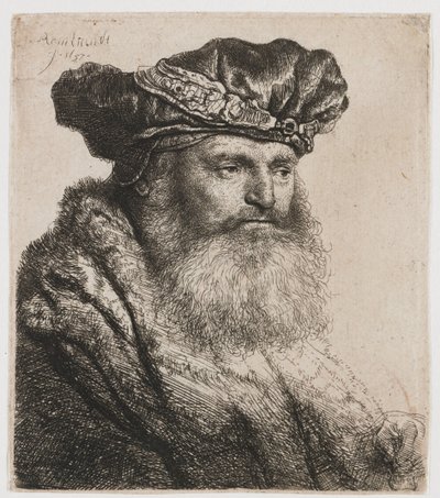 Mücevher tokalı kadife şapkalı sakallı adam by Rembrandt van Rijn