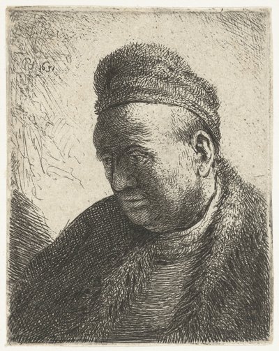 Kürk pelerinli ve şapkalı sakalsız adam: büstü by Rembrandt van Rijn