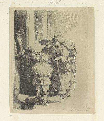 Dilenen aile bir evin kapısında sadaka alır Recueil de quatre-vingt-cinq orijinalleri estampes (seri başlığı) by Rembrandt van Rijn