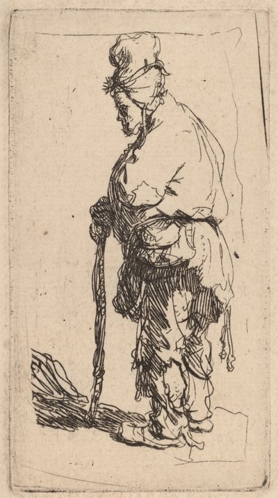 Bir Çubuğa Yaslanmış Dilenci, Yüzü Sola Döndü by Rembrandt van Rijn