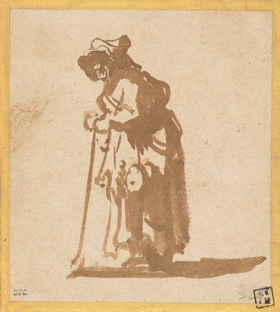 Bir sopaya yaslanmış dilenci kadın by Rembrandt van Rijn