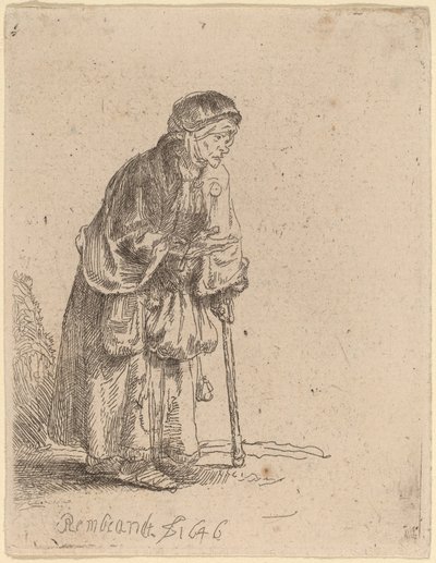 Bir sopaya yaslanmış dilenci kadın by Rembrandt van Rijn