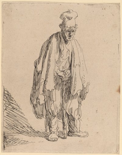 Yüksek Şapkalı Dilenci, Ayakta ve Bir Çubuğa Yaslanmış by Rembrandt van Rijn