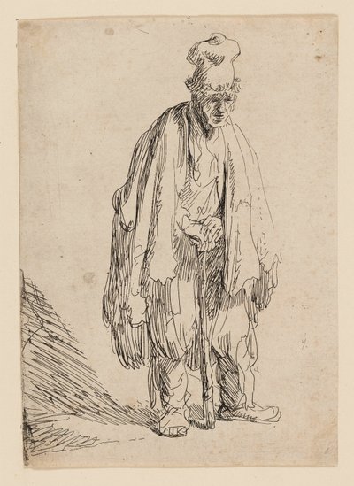 Yüksek Şapkalı Dilenci, Ayakta ve Bir Çubuğa Yaslanmış by Rembrandt van Rijn