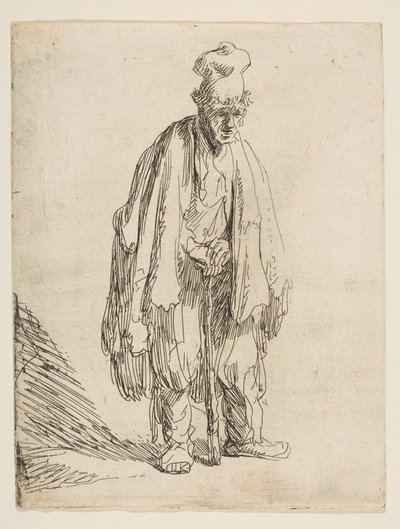 Yüksek Şapkalı Dilenci, Ayakta ve Bir Çubuğa Yaslanmış, ca. 1629. by Rembrandt van Rijn