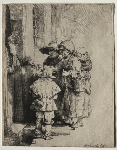 Evin Kapısında Sadaka Alan Dilenciler by Rembrandt van Rijn