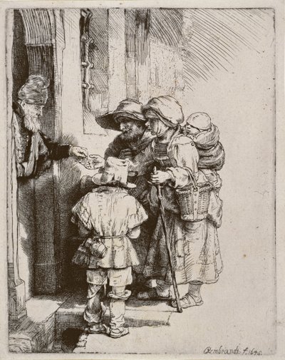 Bir evin kapısında sadaka alan dilenciler, 1648 (kuru nokta gravürü) by Rembrandt van Rijn