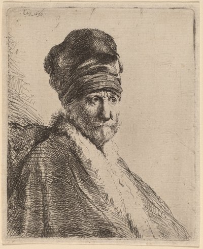 Yüksek Şapkalı Adam Büstü, Dörtte Üç Sağ (Sanatçının Babası mı?) by Rembrandt van Rijn