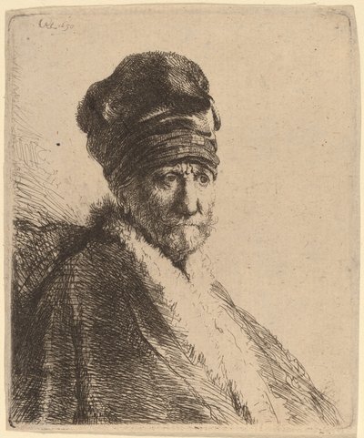 Yüksek Şapkalı Adam Büstü, Dörtte Üç Sağ (Sanatçının Babası mı?) by Rembrandt van Rijn