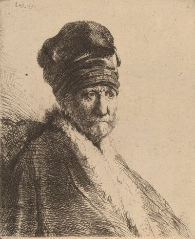 Yüksek Şapkalı Bir Adamın Büstü, Dörtte Üçü Sağ Sanatçının Babası, 1630. by Rembrandt van Rijn