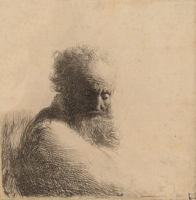 Yaşlı Sakallı Bir Adamın Büstü, Aşağıya Bakıyor, Üç Çeyrek Sağ, 1631. by Rembrandt van Rijn