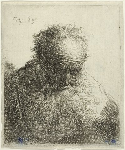 Akan Sakallı Yaşlı Adam Büstü: Başı Öne Eğilmiş: Sol Omuz Gölgesiz by Rembrandt van Rijn