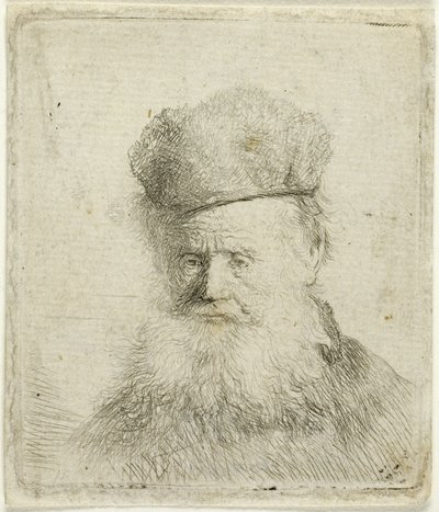 Kürklü Şapkalı, Akan Sakallı, Neredeyse Tam Yüzlü Yaşlı Bir Adamın Büstü by Rembrandt van Rijn