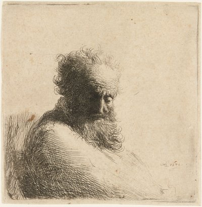 Yaşlı sakallı bir adamın büstü, aşağı bakıyor, dörtte üçü sağa, 1631. by Rembrandt van Rijn