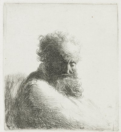 Yaşlı sakallı bir adamın büstü, aşağı bakıyor, dörtte üçü sağa by Rembrandt van Rijn