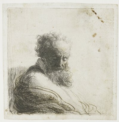 Yaşlı sakallı bir adamın büstü, aşağı bakıyor, dörtte üçü sağa by Rembrandt van Rijn
