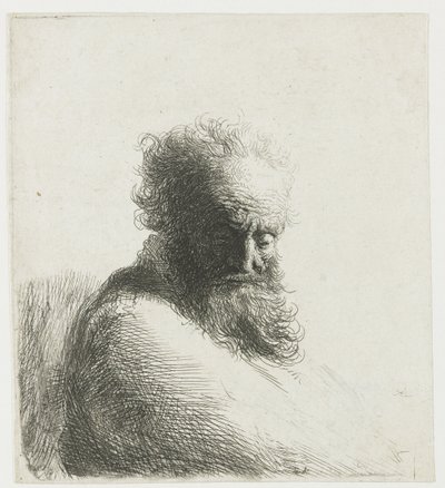 Yaşlı sakallı bir adamın büstü, aşağı bakıyor, dörtte üçü sağa by Rembrandt van Rijn