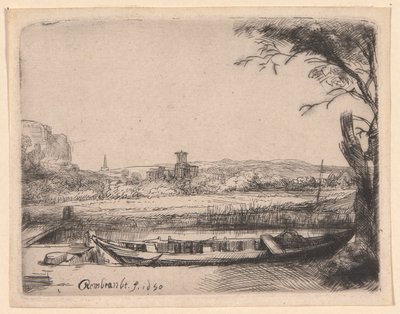 Büyük Bir Tekneli ve Köprülü Kanal by Rembrandt van Rijn