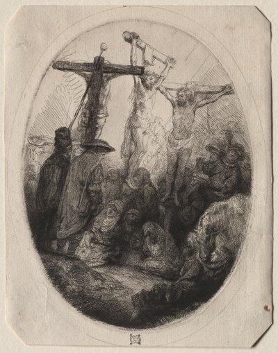 İki Hırsız Arasında Çarmıha Gerilmiş İsa: Oval Bir Plaka by Rembrandt van Rijn