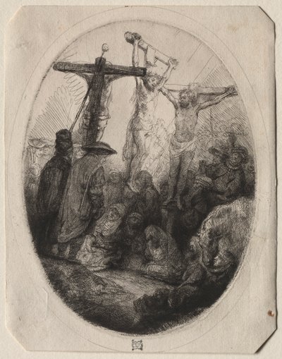 İki Hırsız Arasında Çarmıha Gerilmiş İsa: Oval Bir Plaka, c. 1641. by Rembrandt van Rijn
