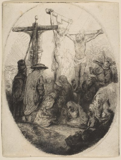 İki Hırsız Arasında Çarmıha Gerilmiş İsa, oval plaka, yakl. 1641. by Rembrandt van Rijn