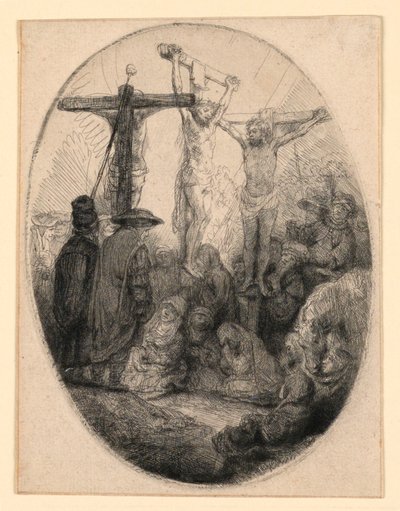 İki Hırsız Arasında Çarmıha Gerilen İsa: Oval Bir Plaka by Rembrandt van Rijn
