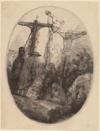 İki Hırsız Arasında Çarmıha Gerilen İsa: Oval Bir Plaka by Rembrandt van Rijn