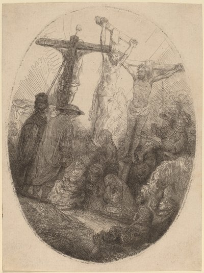 İki Hırsız Arasında Çarmıha Gerilen İsa: Oval Bir Plaka by Rembrandt van Rijn